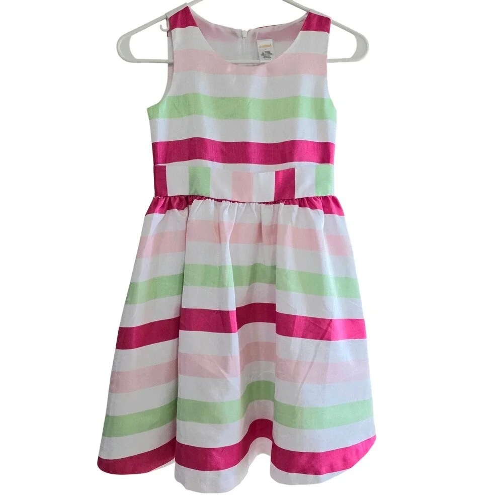 Gymboree Girls Size 8 Pink Green Striped Bow Back Sleeveless Party‎ Dress 2017